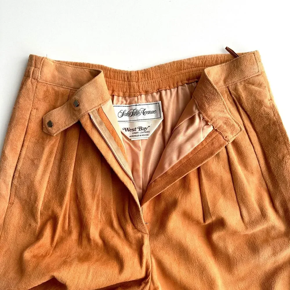 Saks Fifth Avenue VTG Lamb‎ Suede Pleated Straight Leg Peach Trouser Pants 6 8